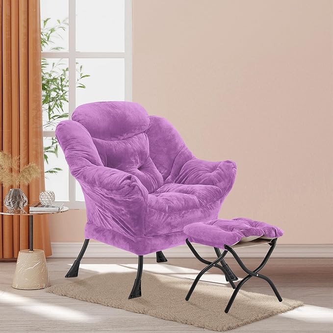 Lazy Chair with Folding Ottoman, Accent Chair Plush Upholstered with Metal - Image 2