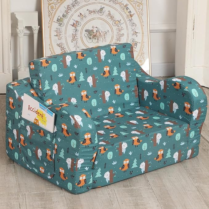 Happy Owl Kids Sofa, 2-in-1 Kids Couch Fold Out, Convertible Sofa to Bed - Image 2