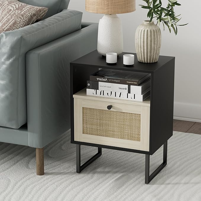 Masupu Boho Night Stand, Small Rattan Side Table, Wood Nightstand - Image 3