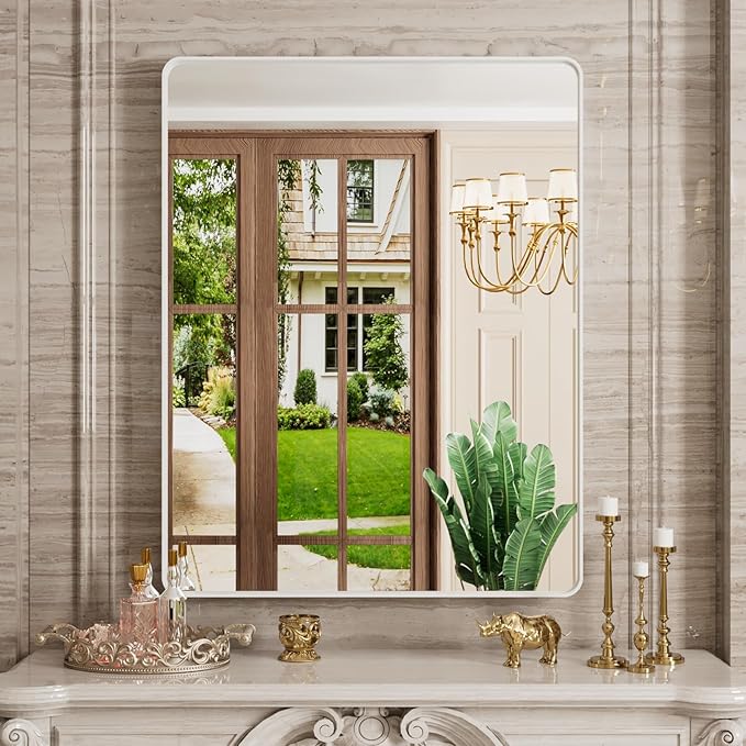 White Bathroom Mirror 28x36 Inch, Rounded Rectangle Matte Bathroom Vanity Mirror by JISOSO