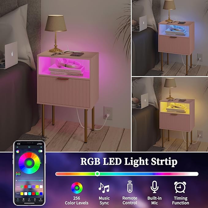 Modern Nightstand with Charging Station and LED Lights, Fluted Side Table - Image 5