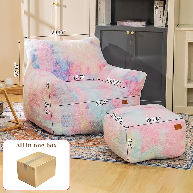 Bean Bag Chair, Sherpa Accent Beanbag Chair and Ottoman Set, Fur Faux BeanBag - Image 6