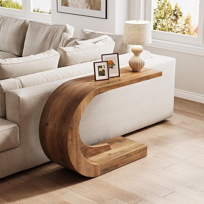 LITTLE TREE 43.3 Inches Farmhouse Console Table, 2-Tier C-Shaped Sofa Table - Image 6