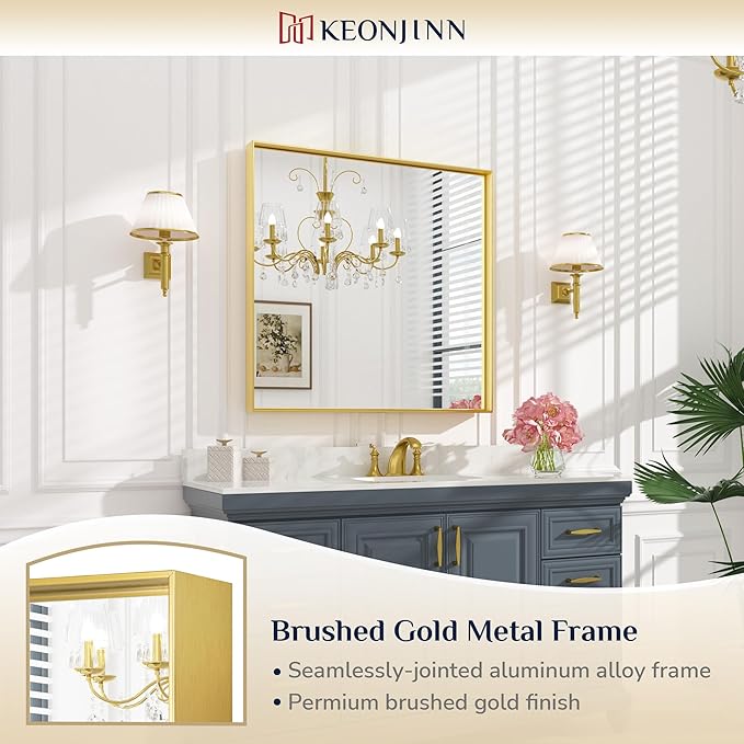 Keonjinn Brushed Gold Bathroom Mirror 36 x 36 Inch Gold Wall Square Mirror - Image 6