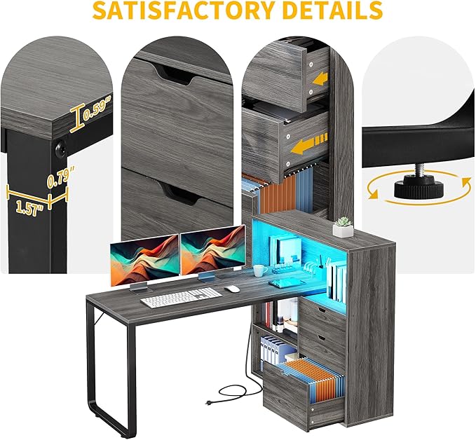 DWVO L Shaped Desk with Drawers, Home Office Desk with Storage Shelves - Image 7