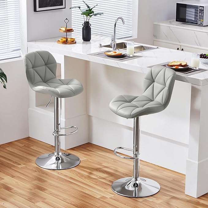 Yaheetech Grey Bar Stools Set of 2, PU Leather Bar Chairs - Image 2