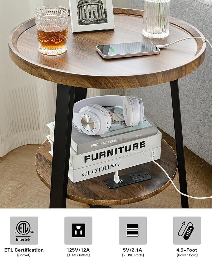 Round End Table with Charging Station, 19.7" Dia x 23.63" H, Side Table with - Image 7