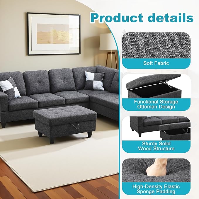 Couches for Living Room Modern L Shaped Couch Comfy Linen Fabric 3 Pieces - Image 5