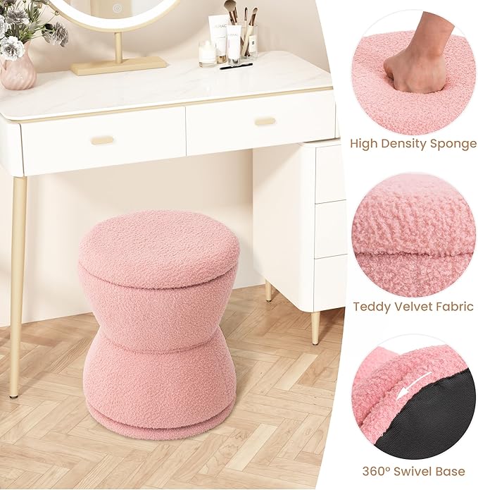 Round Ottoman with Storage, 360° Swivel Boucle Ottoman Vanity Stool, - Image 3