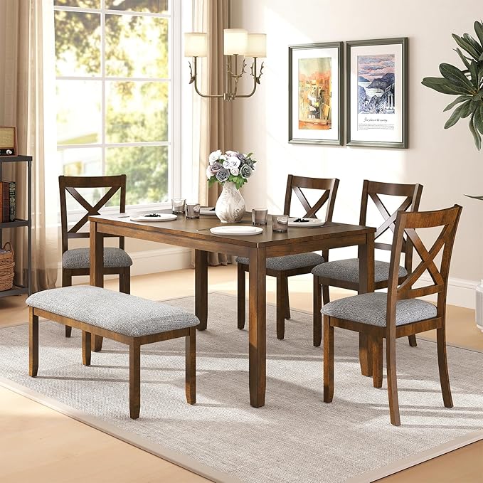 6-Piece Solid Wood Dining Table Set, Including 1 Dining Table, 4 Upholstered by Zevemomo