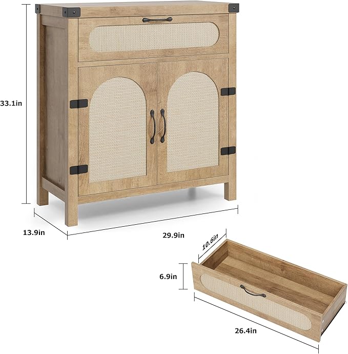 IDEALHOUSE Rattan Cabinet with Drawer, Sideboard with Synthetic Rattan-Accent - Image 2