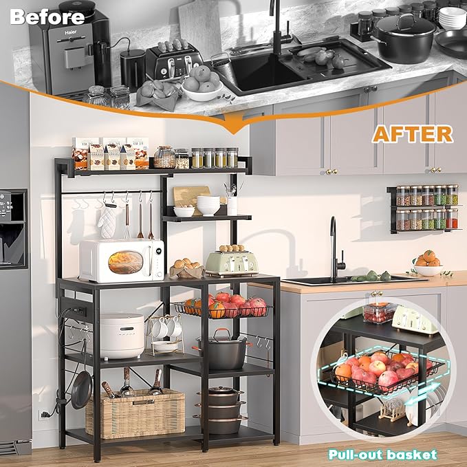 Aheaplus Bakers Rack with Power Outlet and LED Light Strings, Microwave Oven - Image 7