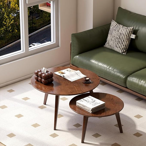 100% Solid Oak Wood Coffee Table Set, Round Coffee Table Combo Side Table by Vadisun