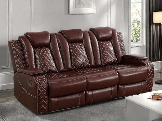Leather Recliner Sofa Couch, 3-Seater Home Theater Seating Reclining Sofa - Image 3