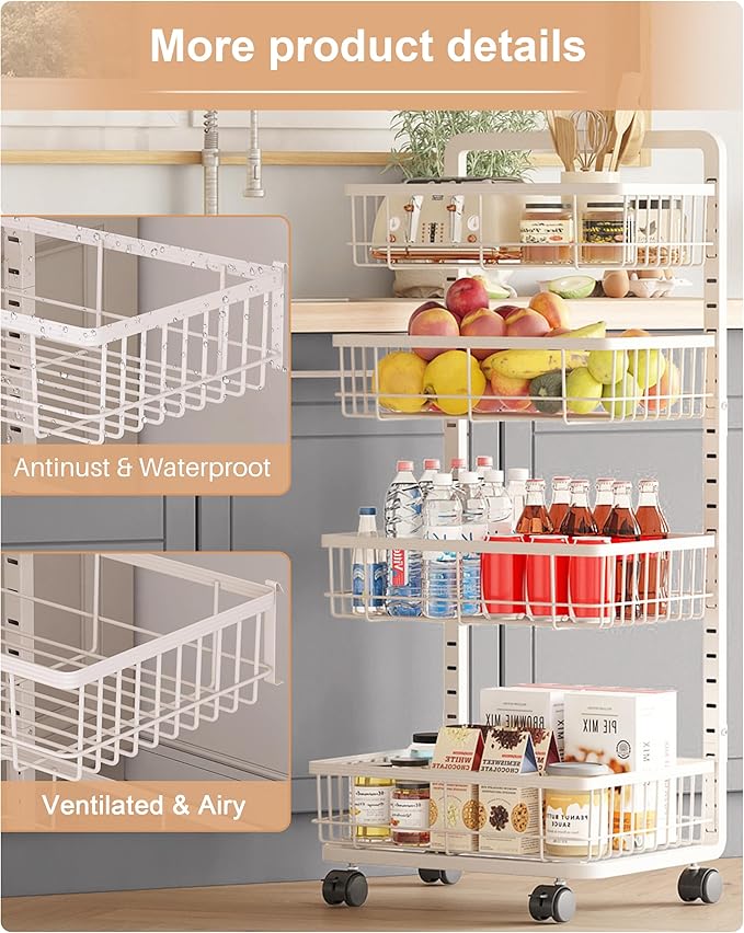 UMDONX 4-Tier Kitchen Storage Cart Metal Snack Cart Adjustable Fruit Basket on - Image 6