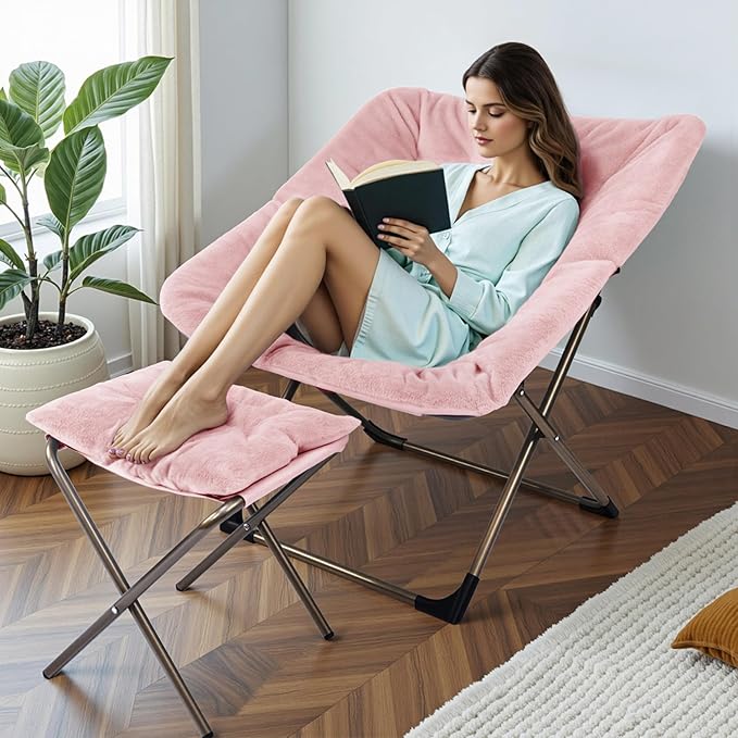 Kokel Plush Folding Chair and Ottoman Padded Metal Frame Living Room Chair - Image 2