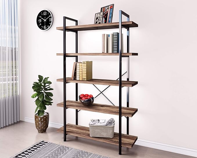 45MinST 5-Tier Vintage Industrial Style Bookcase/Metal and Wood Bookshelf - Image 8