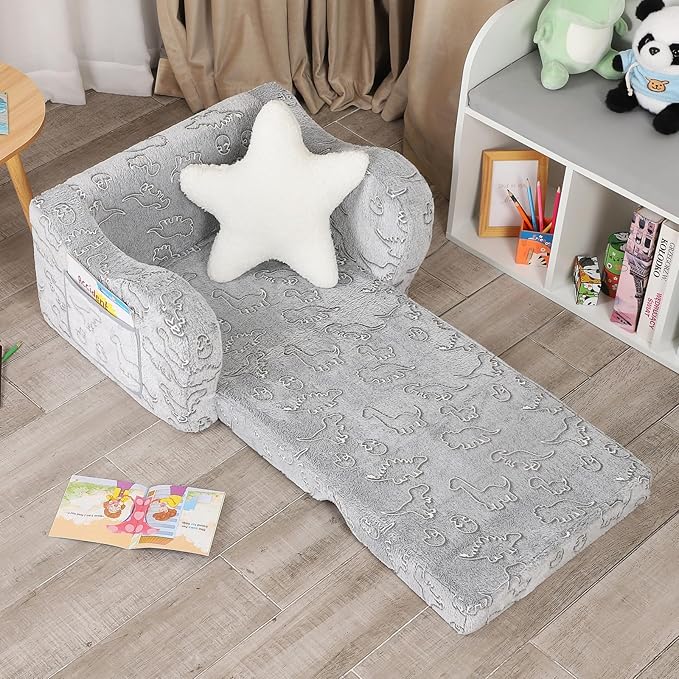 Dinosaur Glow in The Dark Toddler Couch, 2-in-1 Toddler Soft Couch Fold Out - Image 6