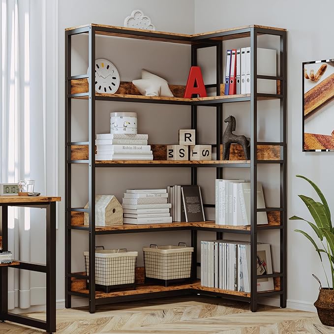 IRONCK Industrial Bookshelves 5 Tiers Corner Bookcases - Image 2