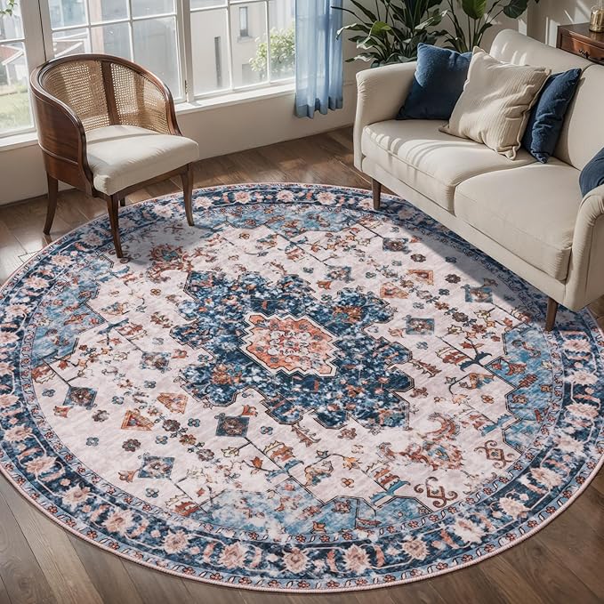 Tangsoo Vintage Round Rug 4ft, Washable Circle Rug, Non Slip Small Boho Round - Image 4