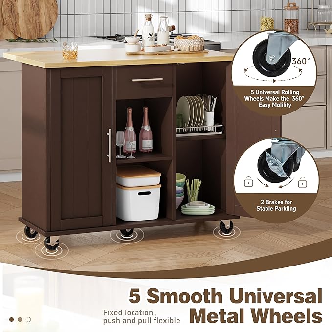 Shintenchi Kitchen Island with Storage, Bar Cart Cabinet Island Table on Wheels - Image 6