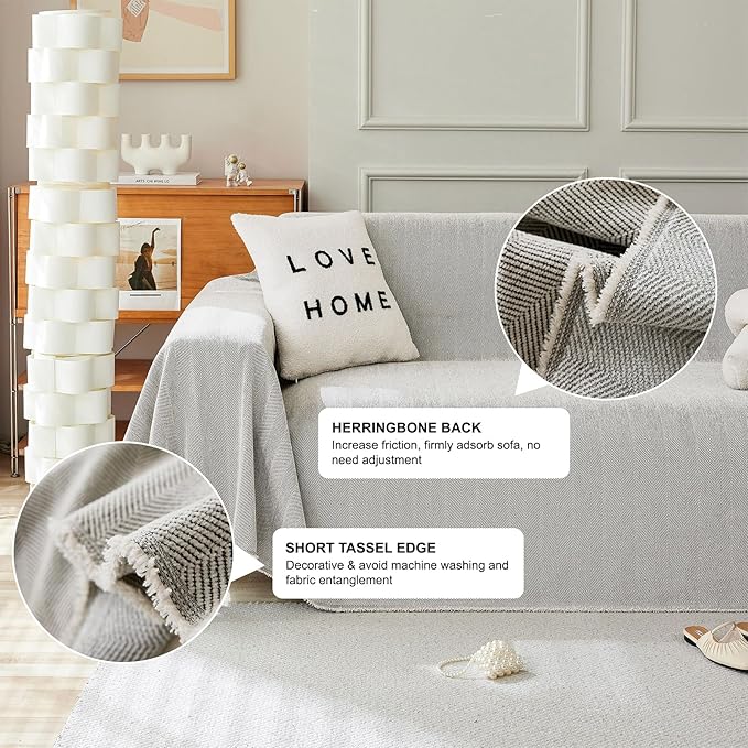 STACYPIK Soft Silver Gray Sofa Cover, Herringbone Couch Cover - Image 2