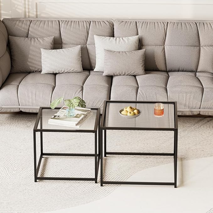 VILAWLENCE Coffee Table Set of 2, Modern Black Glass Side Table, Metal Frame - Image 4