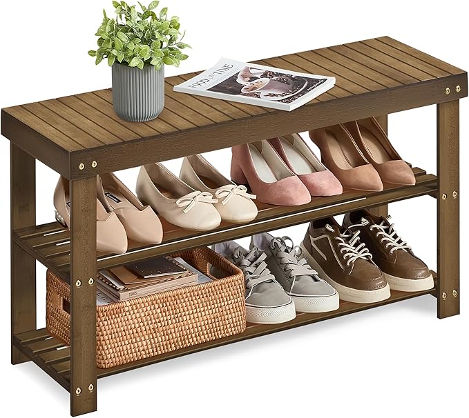 SONGMICS Shoe Rack Bench, 3-Tier Bamboo Shoe Storage Organizer, Entryway Bench by SONGMICSbySONGMICSHOME
