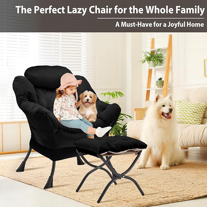 Lazy Chair with Folding Ottoman, Accent Chair Velvet Upholstered with Metal - Image 4