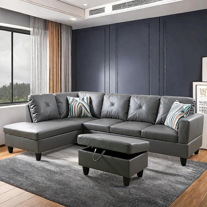 L Shaped Sectional Sofa with Ottoman, Leather Right Facing Modern Couches by GlasFlength