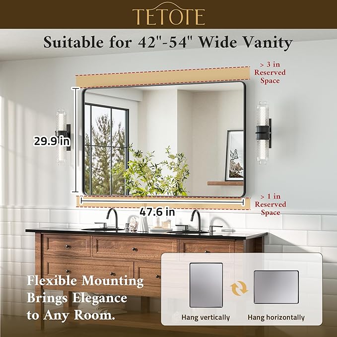 TETOTE Black Vanity Mirror 48 x 30 Matte Black Bathroom Mirrors, Tempered Glass - Image 7