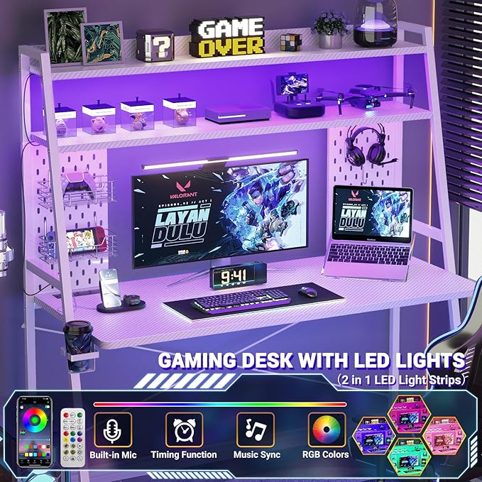 Gaming Desk with Hutch and LED Lights, Gaming Computer Desk with Power Outlets - Image 4