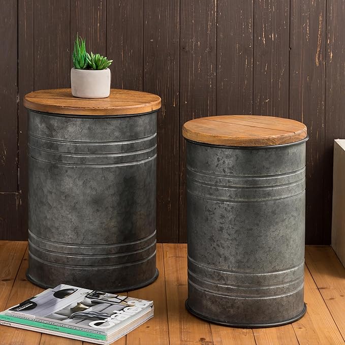 Glitzhome Farmhouse Accent Side Table, Metal Storage Stool Ottoman - Image 7