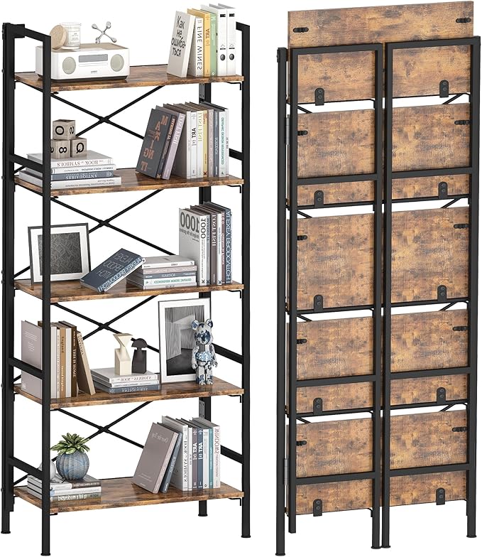 Folding Bookshelf, 5 Tier Bookcase Foldable Shelf by Homeiju