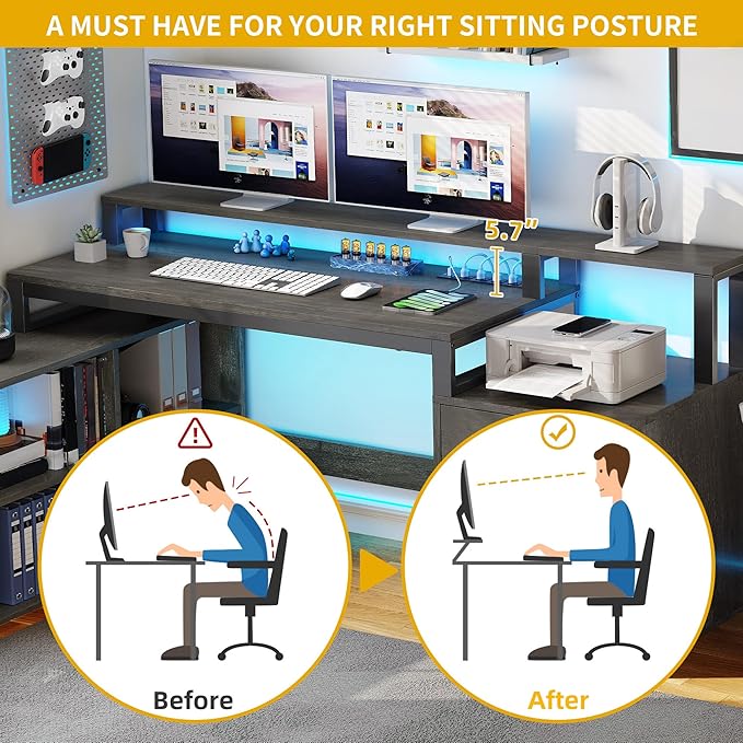 DWVO L Shaped Desk with Drawers, Corner Home Office Desk with Storage Shelves & - Image 6