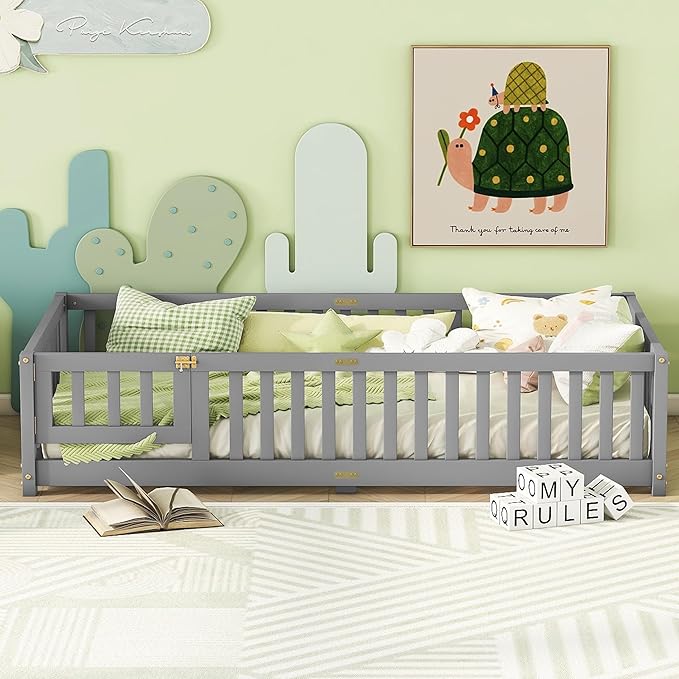 Bellemave Twin Floor Bed with Slats and Safety Guardrails, Kids Montessori - Image 2