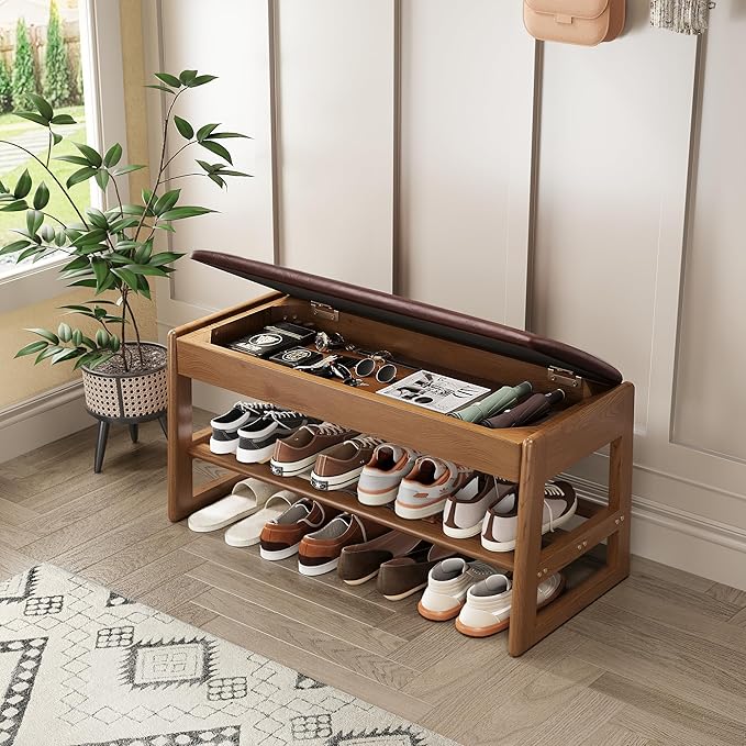 Shoe Rack Bench Seat Rubberwood 2-Tier Wooden Storage Bench 550lbs Compact by IUNVR