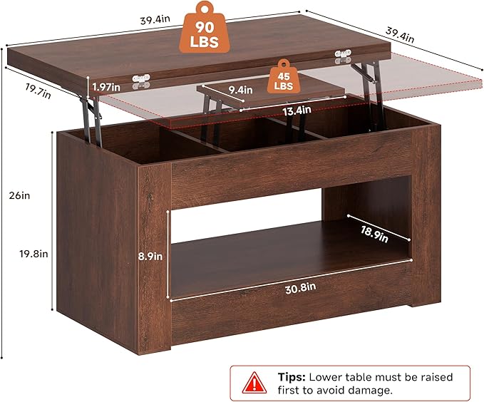 40" Lift Top Coffee Table, 4 in 1 Multi-Function Lift Coffee Table - Image 2