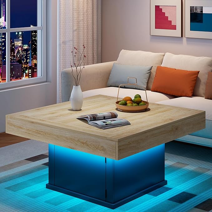 LED Coffee Tables for Living Room, Farmhouse Wood Coffee Table, 33.5" Square by KNOWORLD