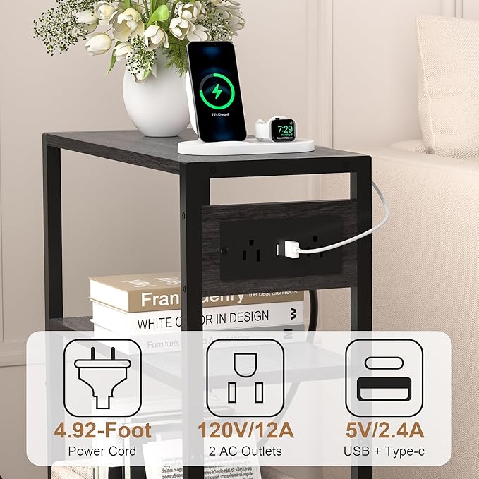 Small Narrow Side Table with Charging Station, Skinny End Table - Image 9