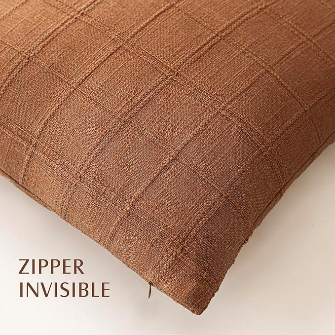 Foindtower Set of 2 Decorative Linen Check Throw Pillow Covers Neutral - Image 3