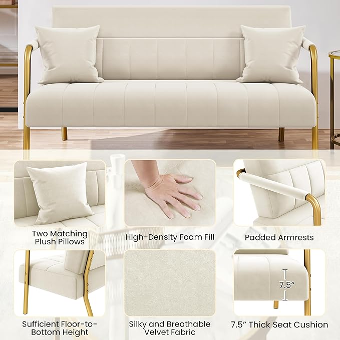 Yaheetech 56.5" W Modern Loveseat 2 Seater Sofa Luxurious Velvet Fabric Couch - Image 5