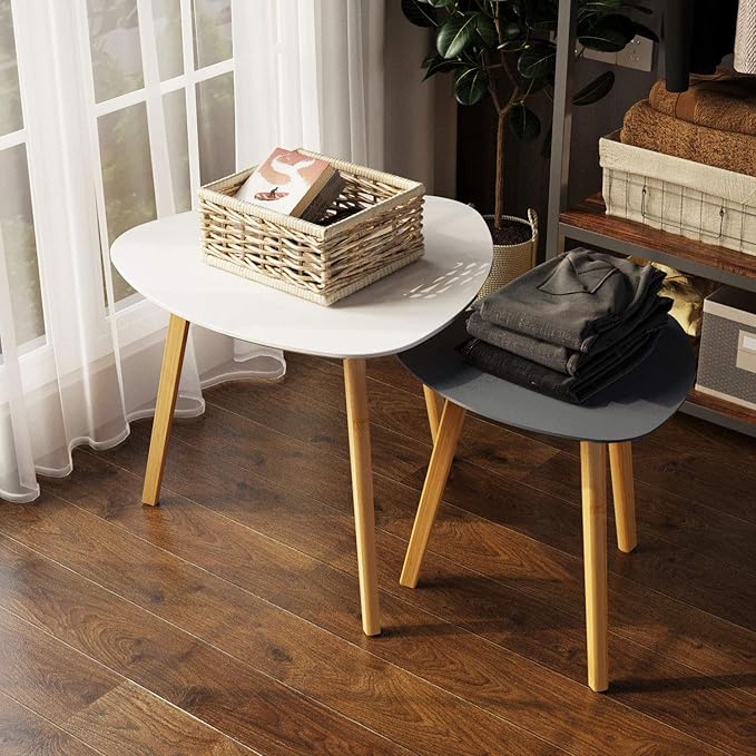 BAMEOS Bamboo Nesting Triangle End Table, Balcony in White & Grey - Image 4