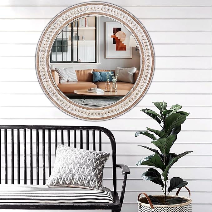 32'' Boho Wooden Large Round Wall Mirrors, Rustic Farmhouse Circle Mirrors - Image 4