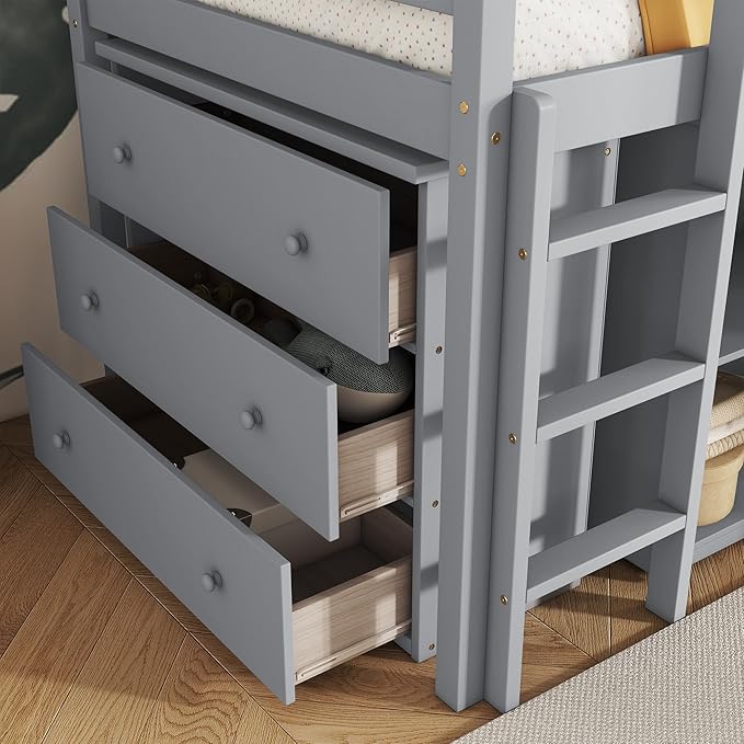 KEIKI Twin Size loft Bed with Pull-Out Desk & Drawers & Open Shelves, Wood Loft - Image 5
