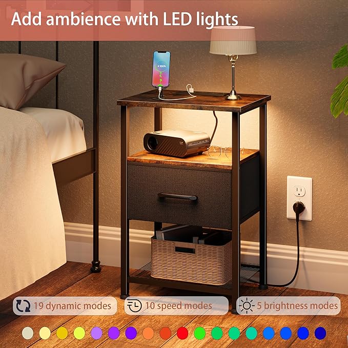 Nightstands Set of 2 with Charging Station and Drawer, End Table Bedside Table - Image 4