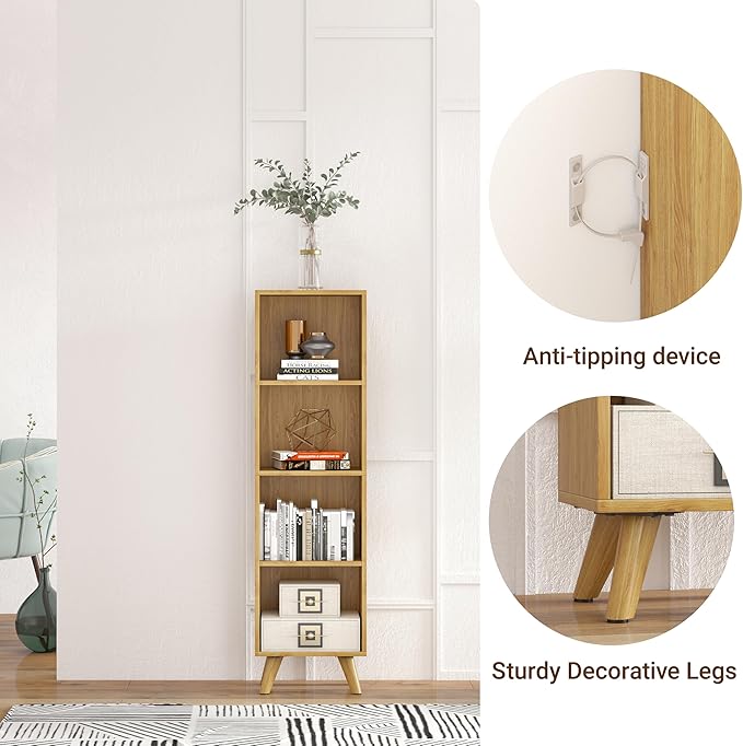 Manora Small Bookcase with 4 Open Shelves, Modern Bookshelf with Wooden Legs - Image 4
