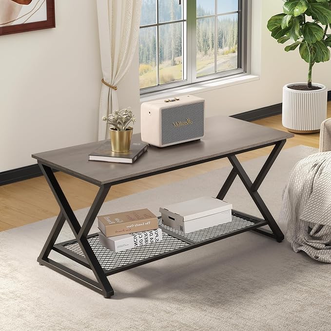 SENIG Coffee Table with Storage Shelf, Industrial Metal Wood Living Room Tables - Image 2