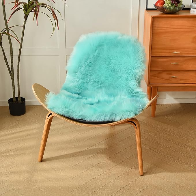 duduta Turquoise Blue Sheepskin Throw Rug 2x3 ft, Fluffy Shag Faux Fur Chair - Image 3