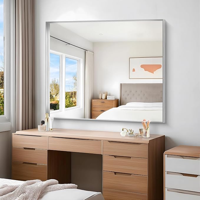 Silver Bathroom Mirror, 40x48 Inch Rectangular Framed Mirror, Large Wall - Image 6